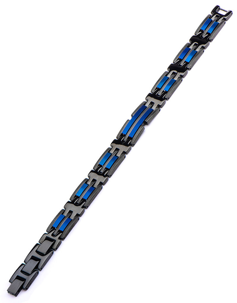 Men's Hinged Black and Blue Stainless Steel Bracelet
