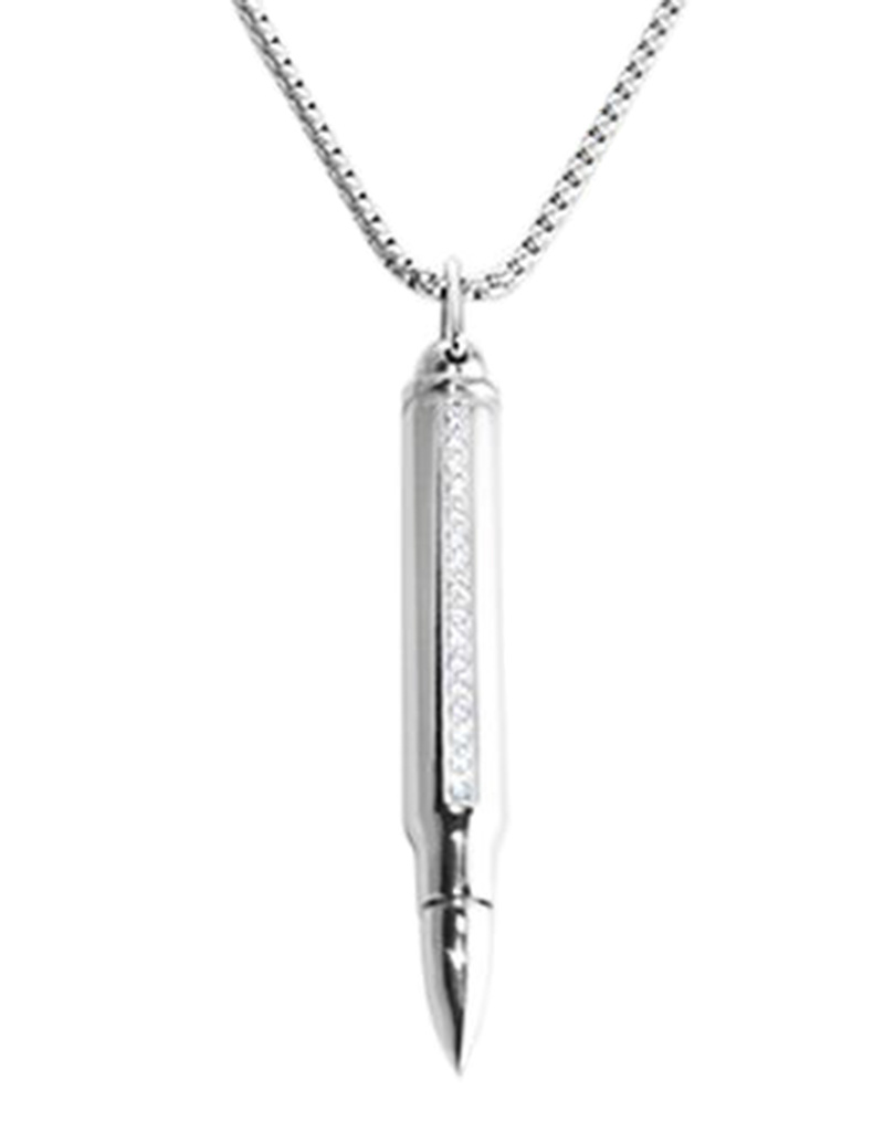 Steel Bullet with CZ Necklace 24"
