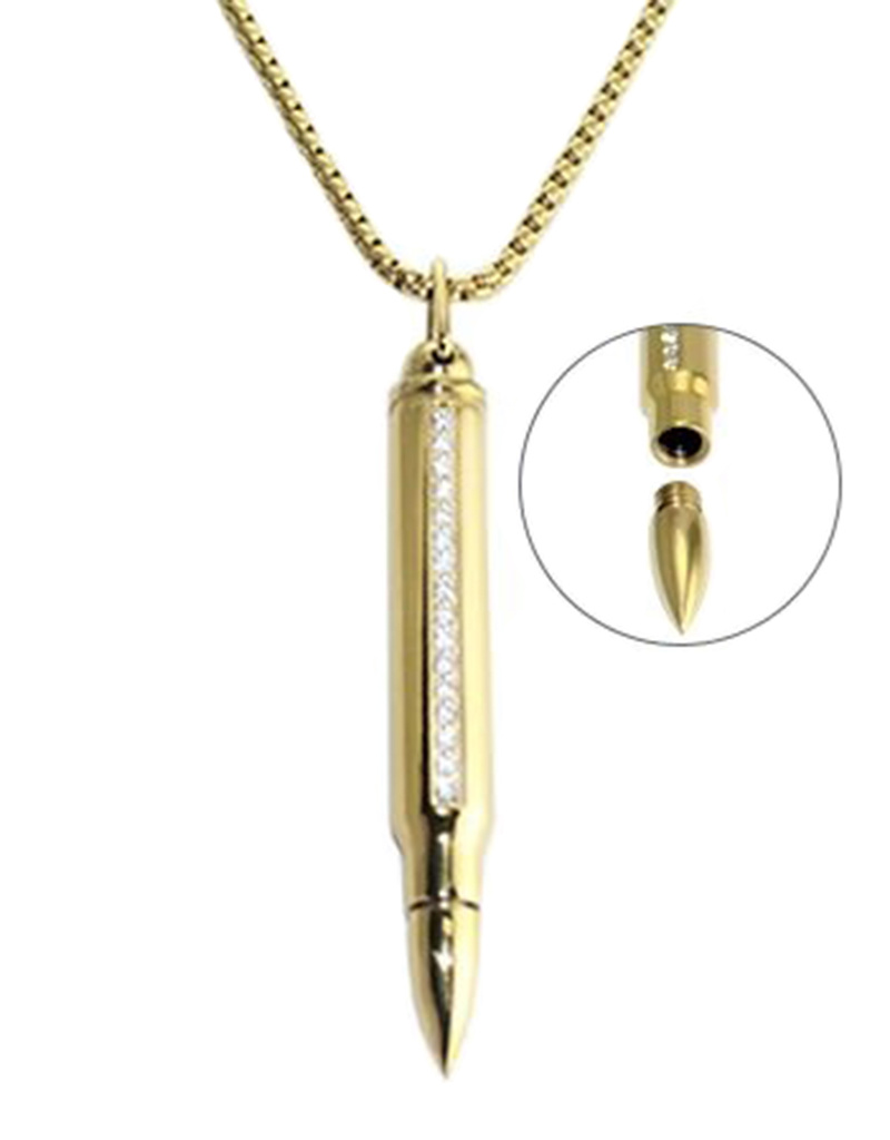 Gold Steel Bullet CZ Necklace 24"