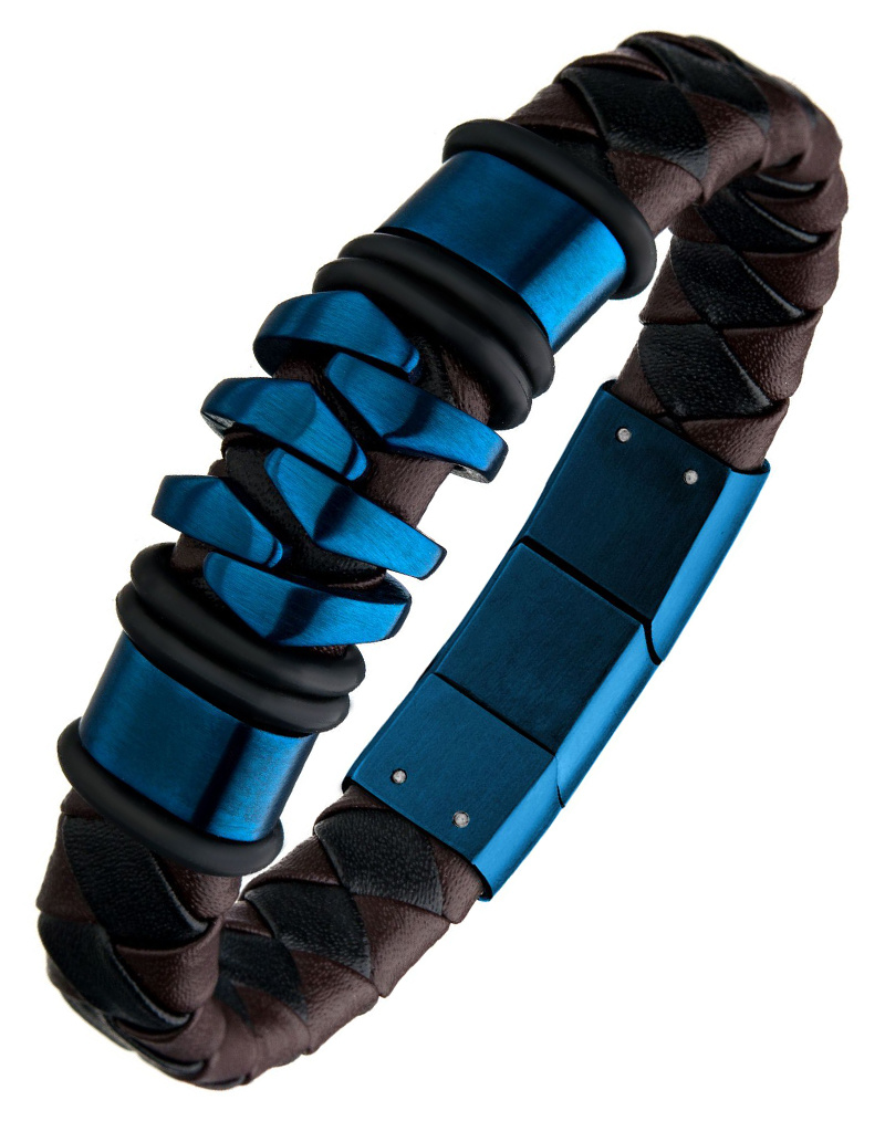 Brown Leather Blue Steel Bracelet