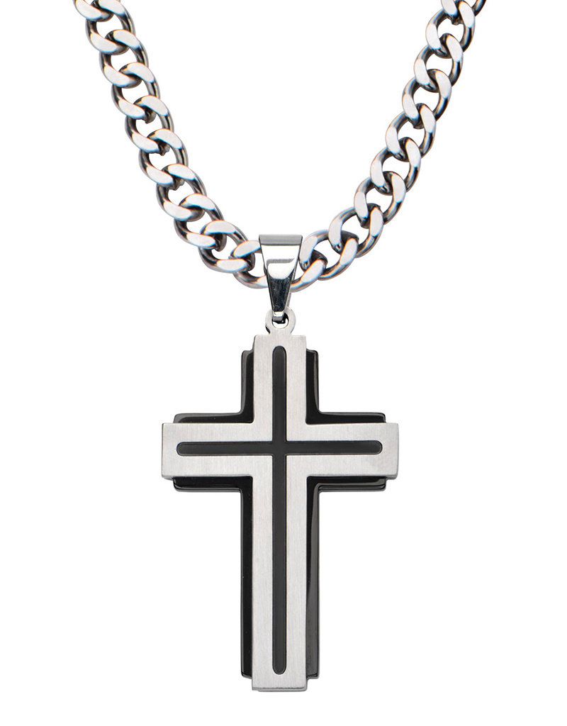 Men's Black Line Stainless Steel Cross Necklace