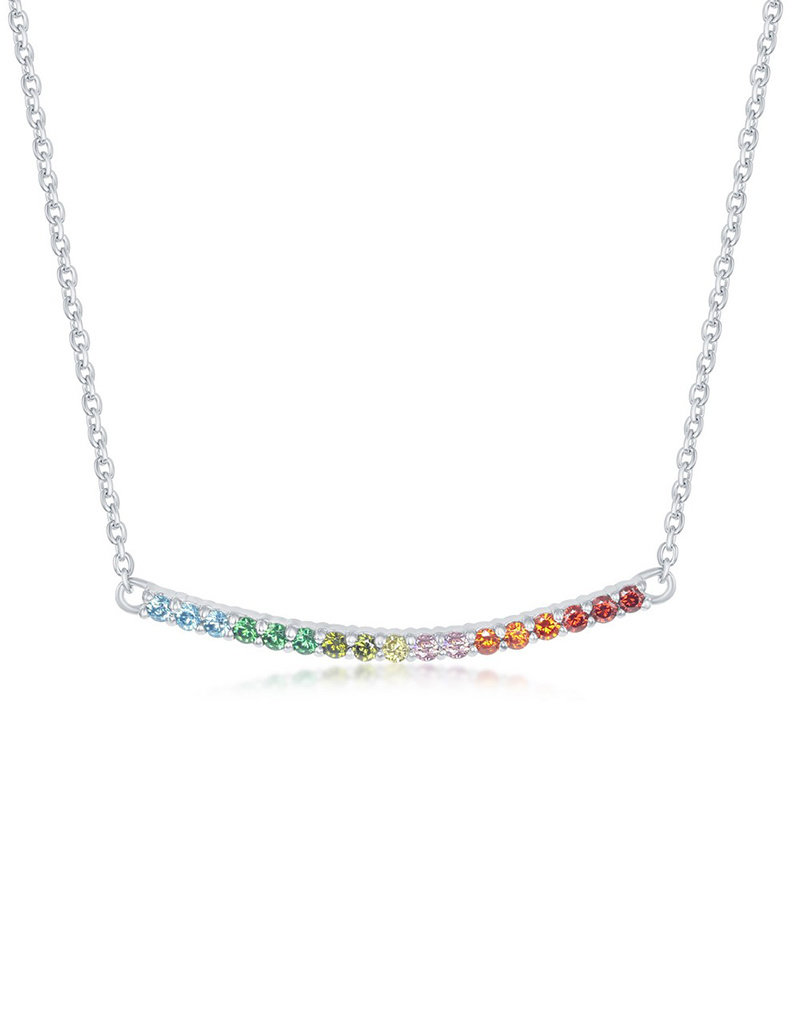 Sterling Silver Rainbow CZ Curved Bar Necklace
