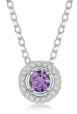 Sterling Silver Round Amethyst and White Topaz Necklace 17"+3" Extender