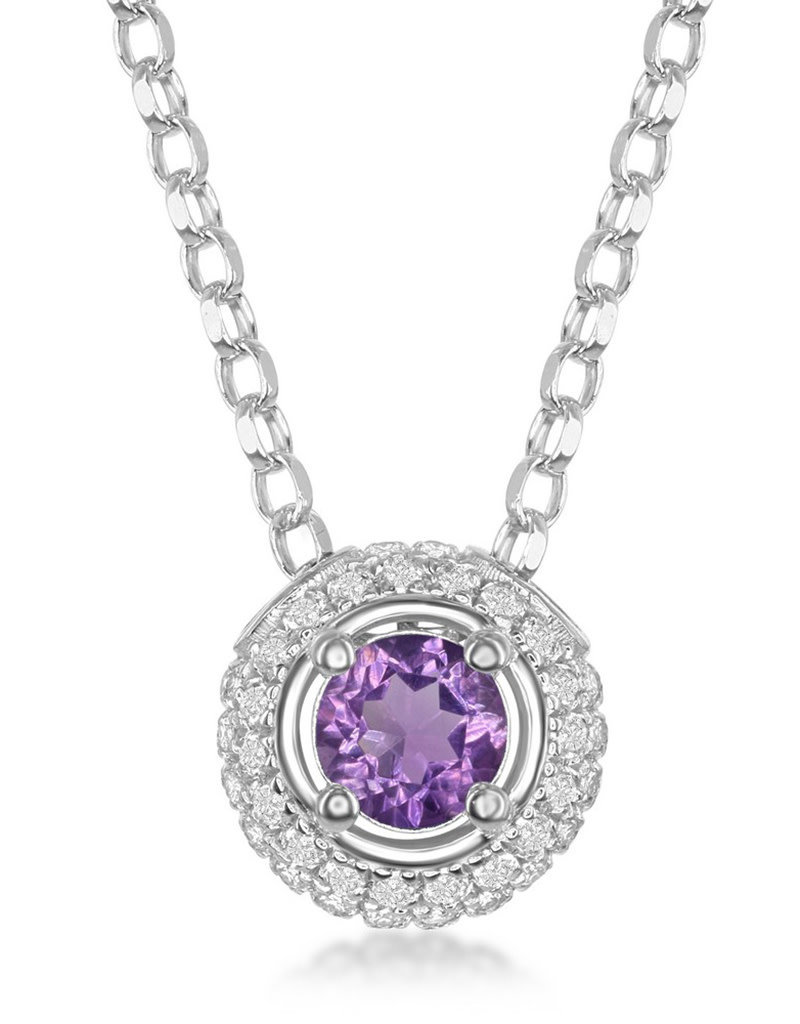 Sterling Silver Round Amethyst and White Topaz Necklace 17"+3" Extender