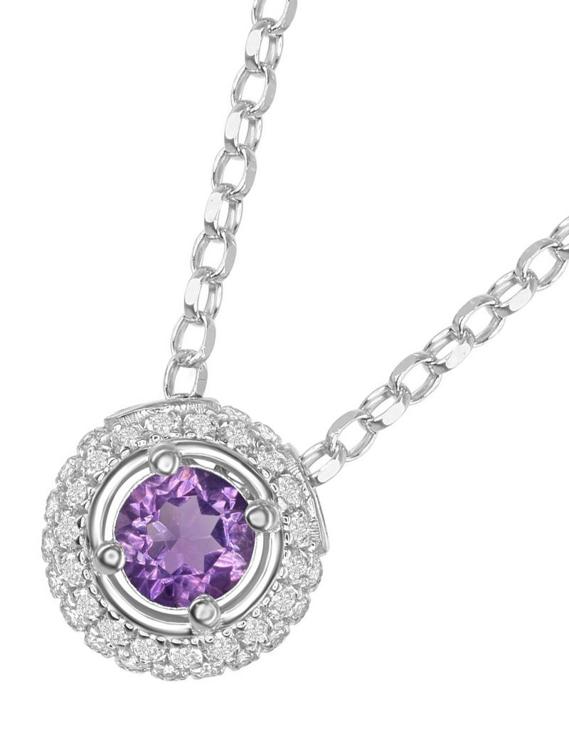 Sterling Silver Round Amethyst and White Topaz Necklace 17"+3" Extender