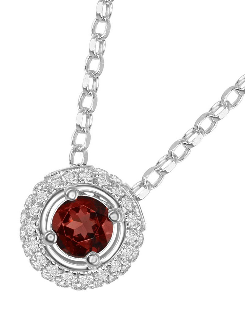 Sterling Silver Round Garnet and White Topaz Necklace 17"+3" Extender