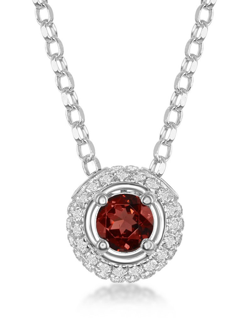 Sterling Silver Round Garnet and White Topaz Necklace 17"+3" Extender