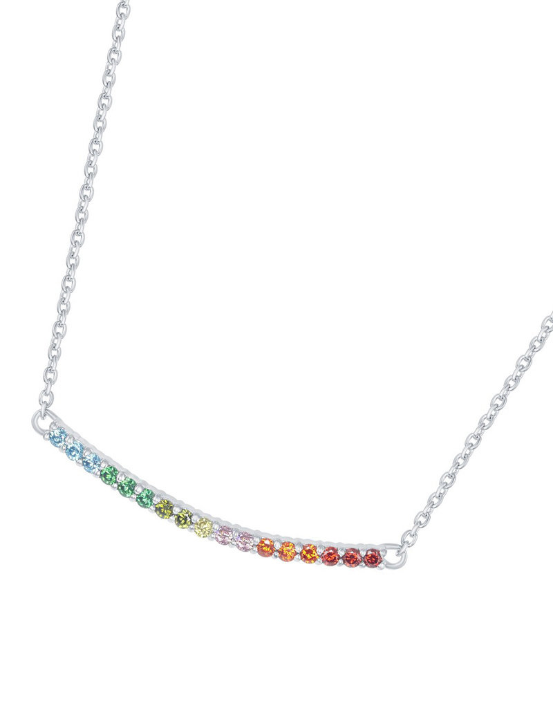 Sterling Silver Rainbow CZ Curved Bar Necklace