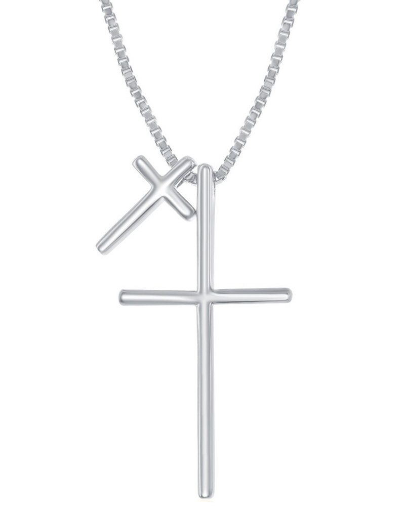 Sterling Silver Double Cross Necklace 16"+2"