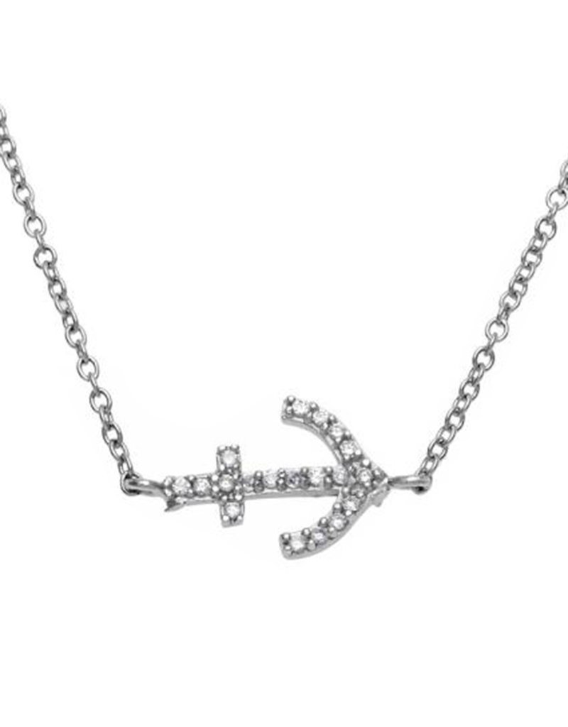 Sterling Silver CZ Anchor Necklace 16"+2"