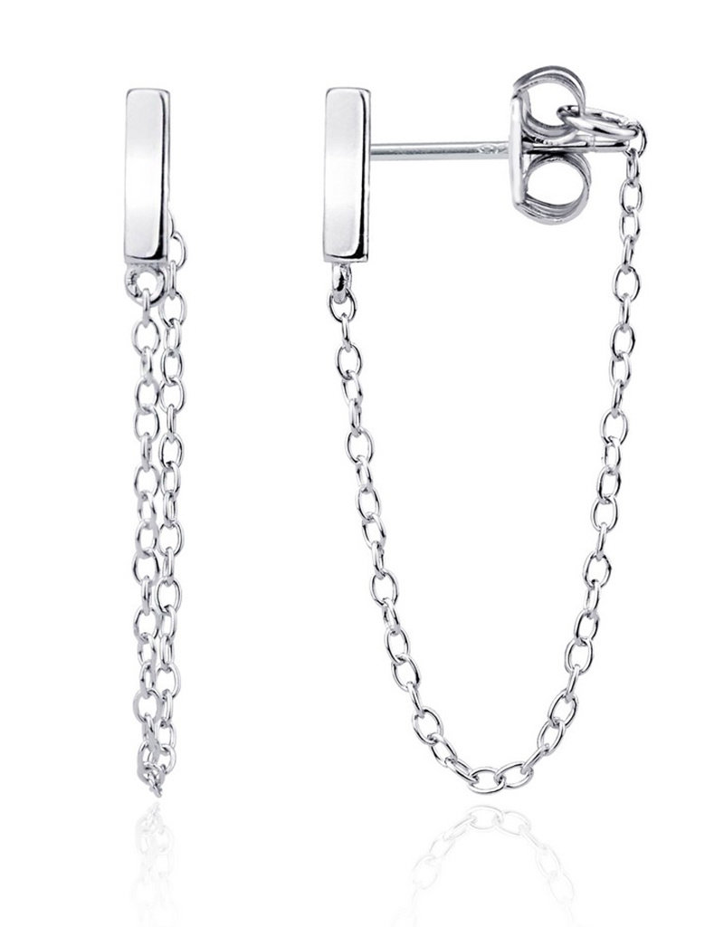 Sterling Silver Short Bar with Chain Post Earrings