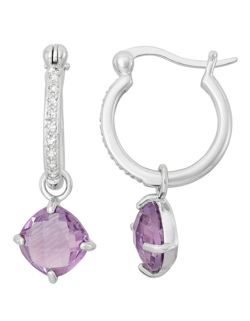 Sterling Silver White Topaz Hoop with Cushion Amethyst Earrings