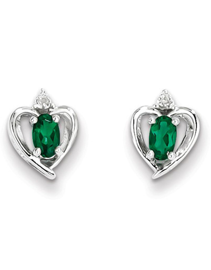Sterling Silver Oval Emerald and Diamond Stud Earrings
