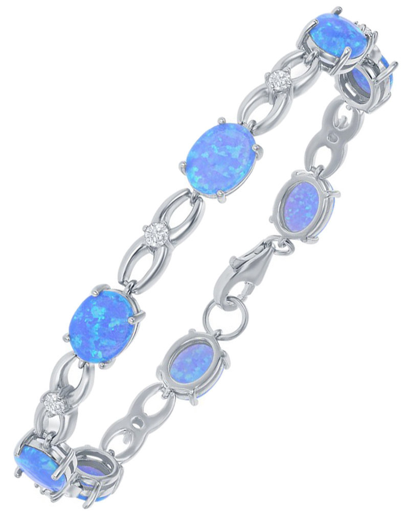 Sterling Silver Blue Opal and CZ Infinity Link Bracelet 7.25"