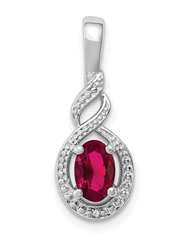 Sterling Silver Oval Created Ruby and Diamond Necklace 18"