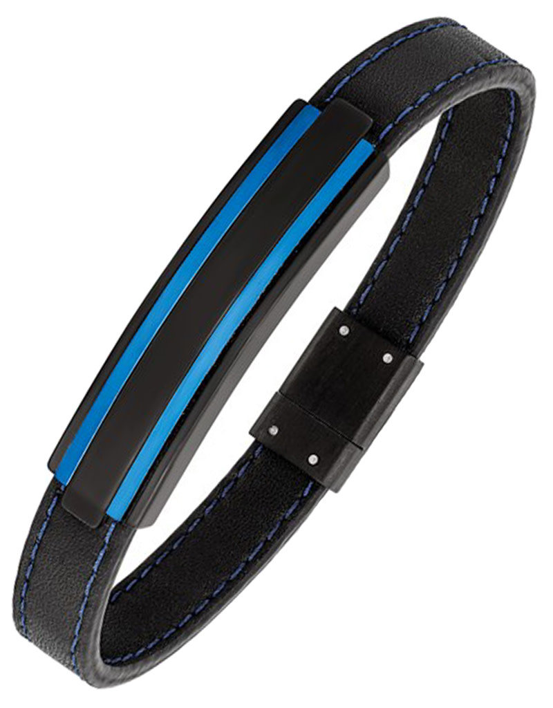 Men's Black and Blue Steel and Leather Bracelet 8.5"