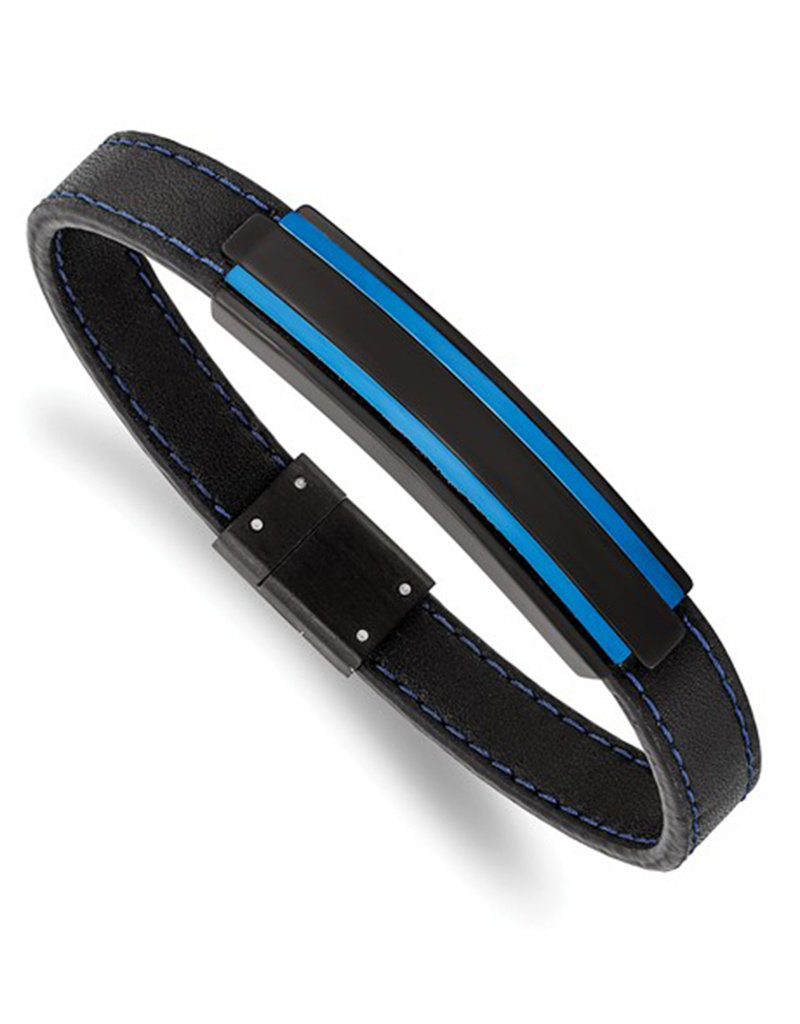 Men's Black and Blue Steel and Leather Bracelet 8.5"