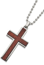 Men's Stainless Steel and Genuine Wood Inlay Cross Necklace 22"