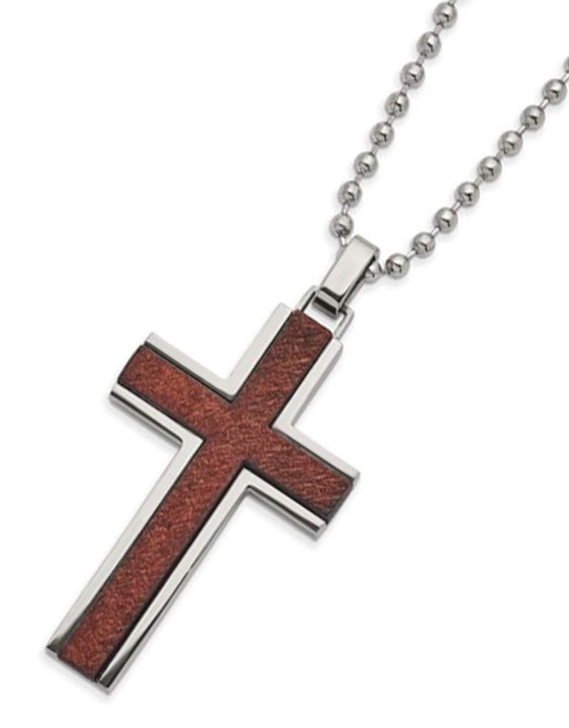 Men's Stainless Steel and Wood Cross Necklace 22 - Simply Sterling