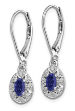 Sterling Silver Oval Created Sapphire and Diamond Leverback Earrings