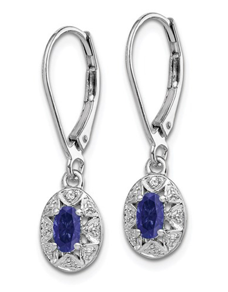 Sterling Silver Oval Created Sapphire and Diamond Leverback Earrings