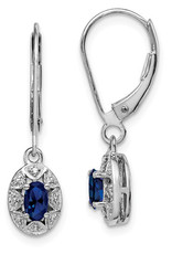 Sterling Silver Oval Created Sapphire and Diamond Leverback Earrings