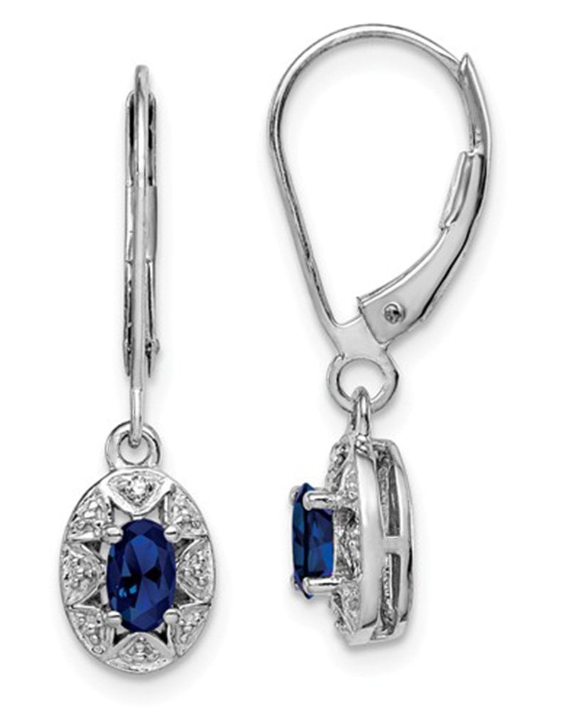 Sterling Silver Oval Created Sapphire and Diamond Leverback Earrings