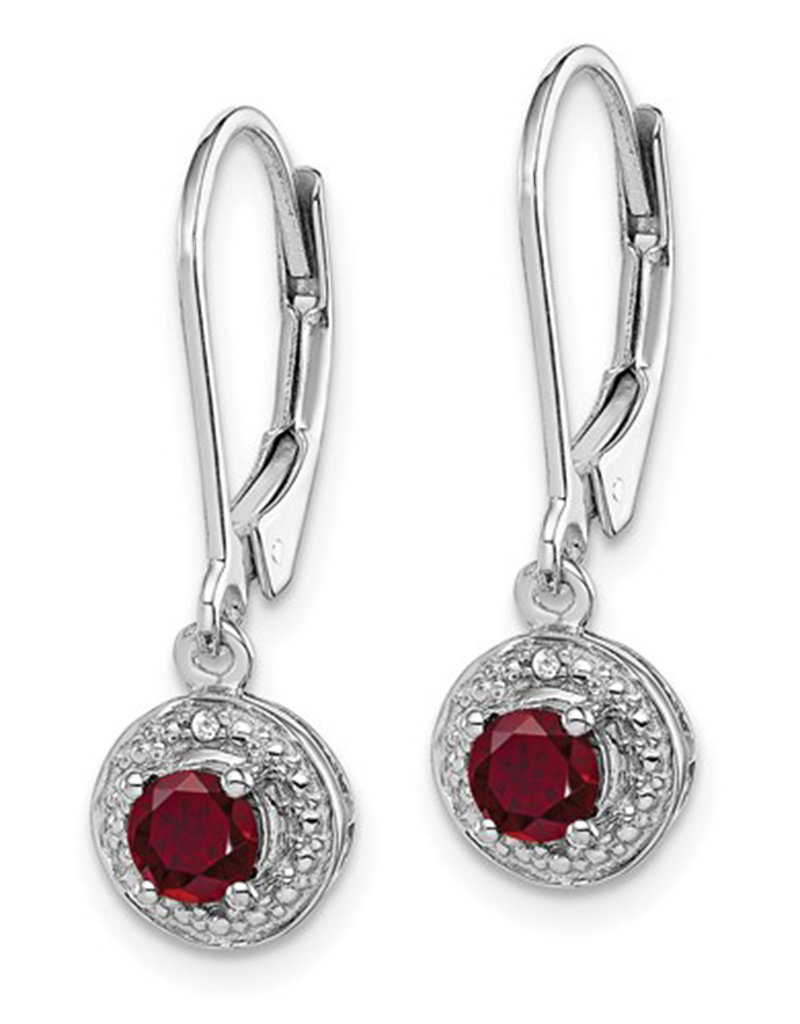 Sterling Silver Round Created Ruby and Diamond Leverback Earrings