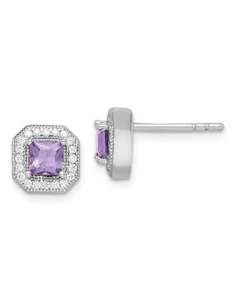Sterling Silver Square Lt Purple CZ Stud Earrings 8mm