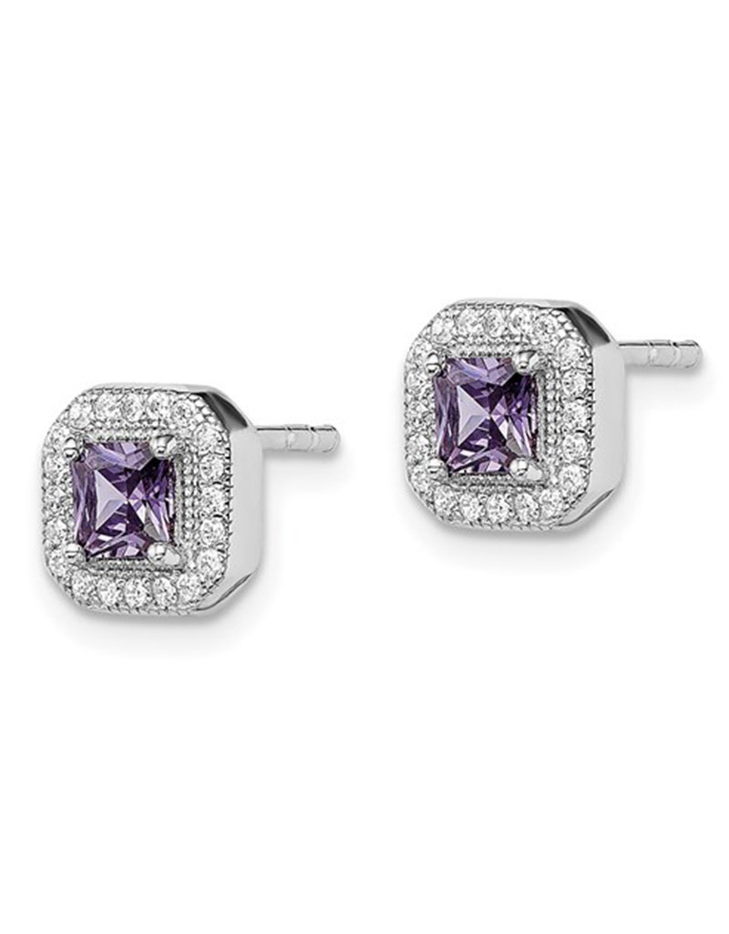 Sterling Silver Square Lt Purple CZ Stud Earrings 8mm