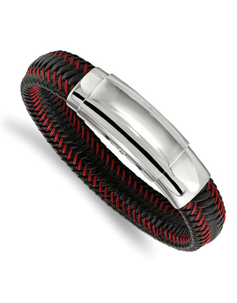 Men's Braided Black Leather and Red Wire Bracelet