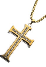 Men's Gold Stainless Steel CZ Cross Necklace 24"