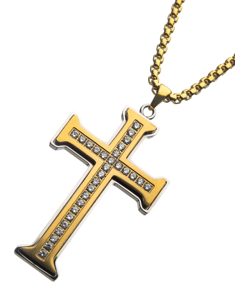 Gold Steel CZ Cross Necklace 24"