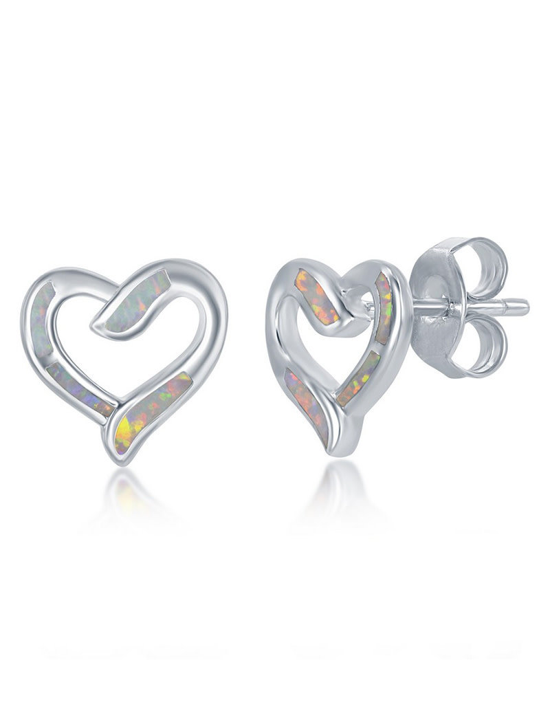 Sterling Silver White Synthetic Opal Heart Post Earrings