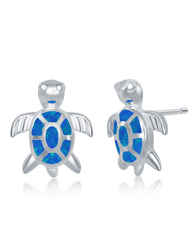 Sterling Silver Blue Synthetic Opal Turtle Post Earrings