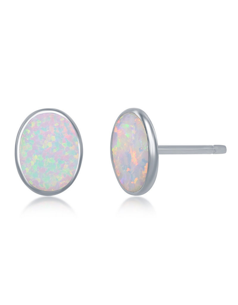 Sterling Silver Oval White Synthetic Opal Post Earrings