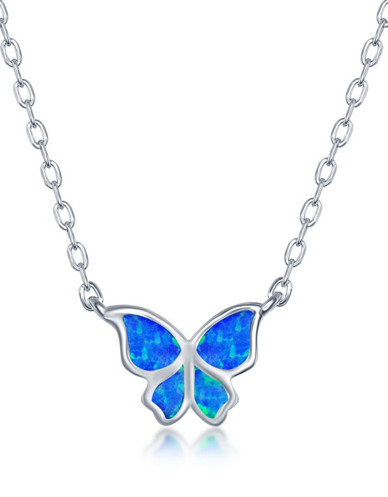 Sterling Silver Blue Synthetic Opal Butterfly Necklace