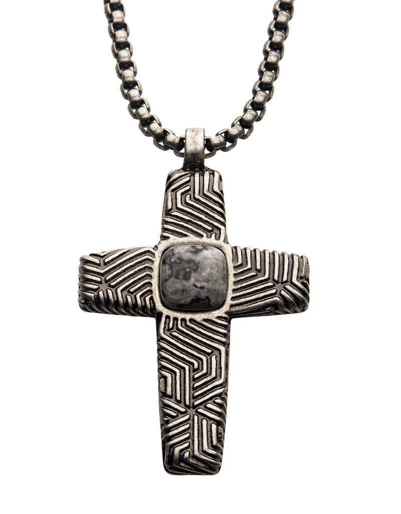Men's Stainless Steel Gray Jasper Cross Necklace