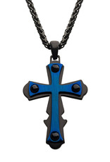 Men's Black and Blue Stainless Steel and Black Agate Cross Necklace