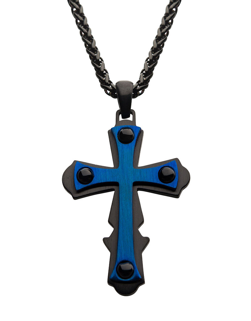 Black and Blue Steel Cross Necklace
