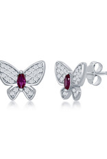 Sterling Silver White and Ruby CZ Butterfly Stud Earrings