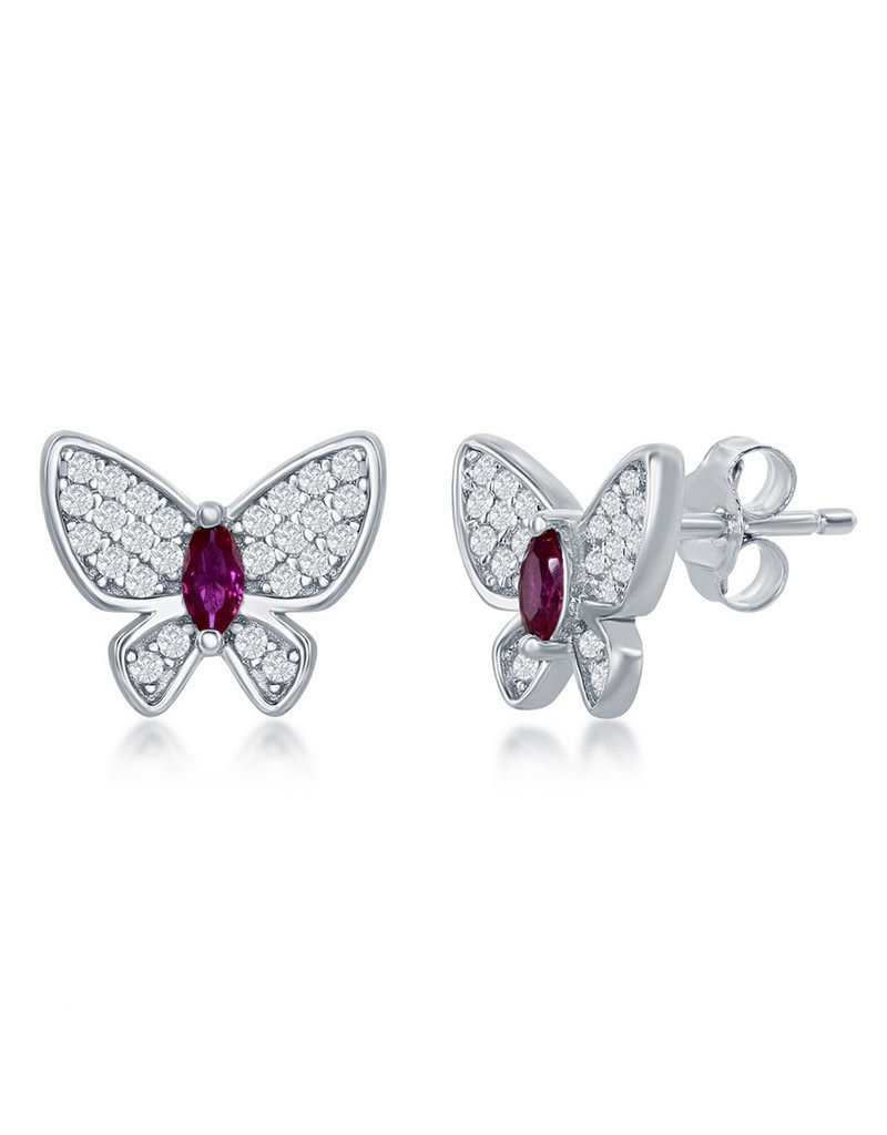 Sterling Silver White and Ruby CZ Butterfly Stud Earrings