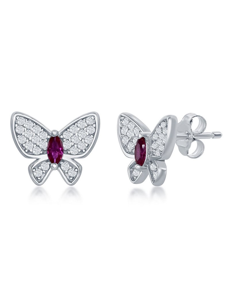 White and Ruby CZ Butterfly Stud Earrings