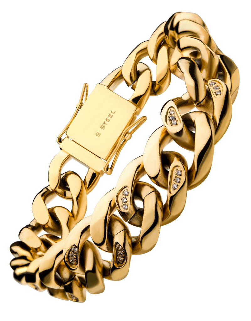 Gold Steel and Diamond Curb Bracelet