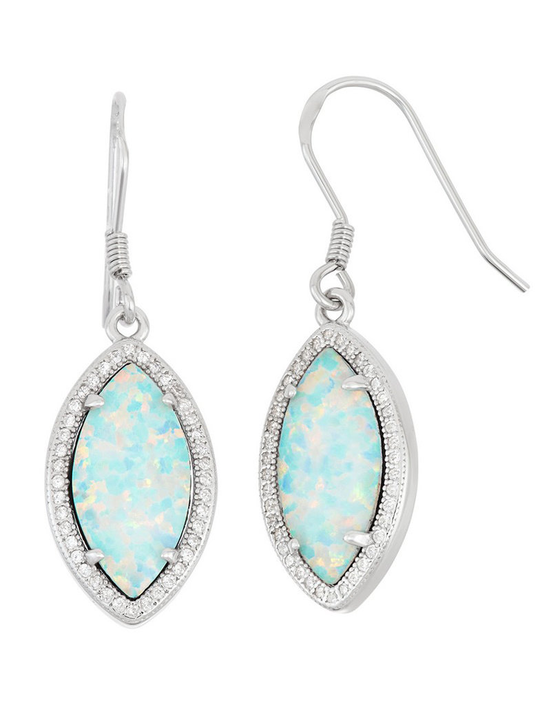 Sterling Silver Synthetic Opal Marquise with CZ Border Earrings