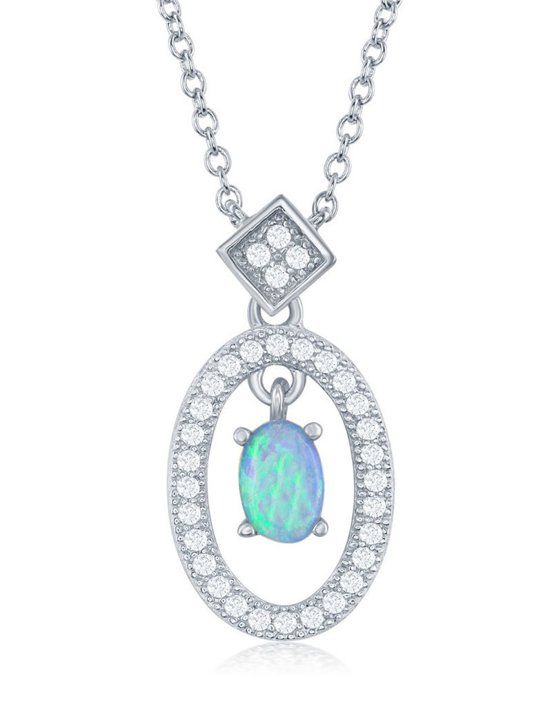 Sterling Silver Oval Synthetic Opal and CZ Necklace