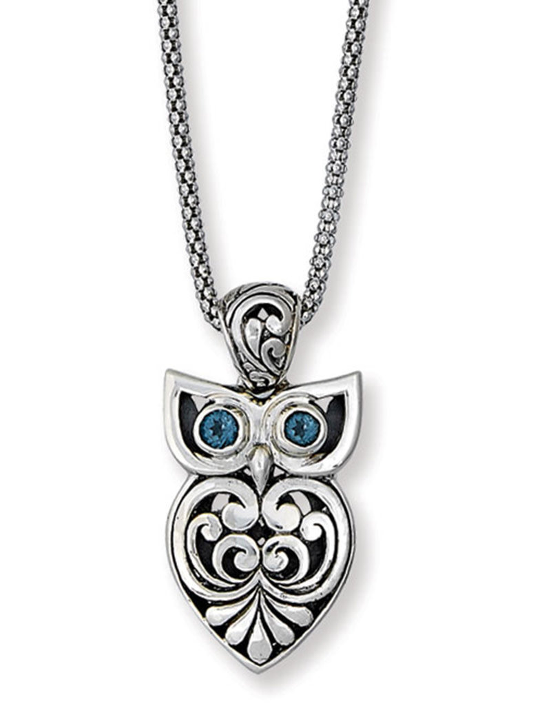Sterling Silver Blue Topaz Owl Necklace 18"