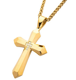Gold Steel CZ Cross Necklace
