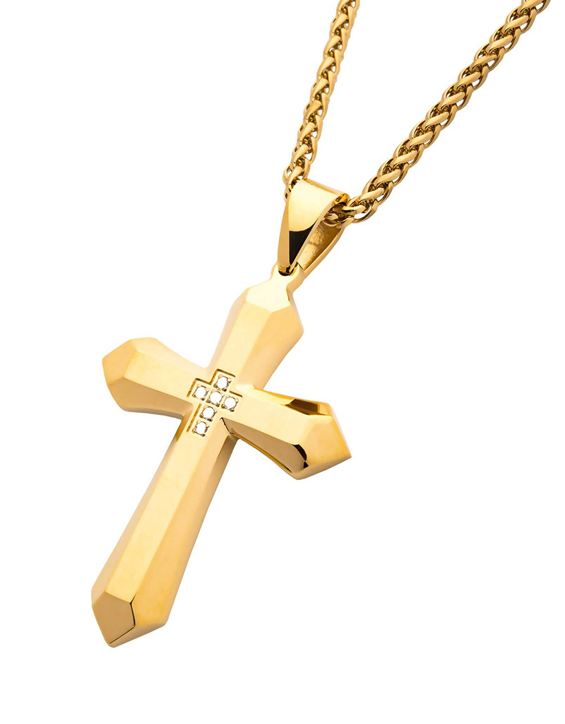 Gold Steel CZ Cross Necklace