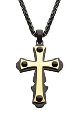 Men's Black and Gold Stainless Steel and Black Agate Cross Necklace